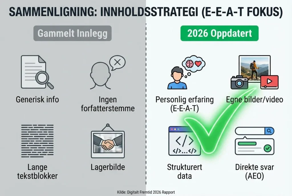 Sammenligning av innholdsstrategi for 2026, E-E-A-T fokus.