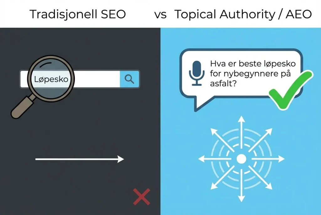 Tradisjonell SEO versus topical authority, søkeforskjeller.