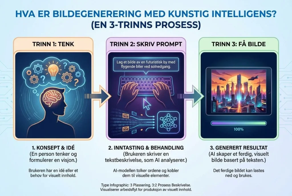 Bildegenerering med AI: Tenk, skriv prompt, få bilde.