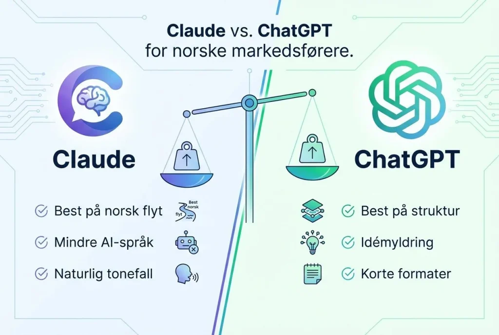 Claude og ChatGPT sammenligning for norske markedsførere.