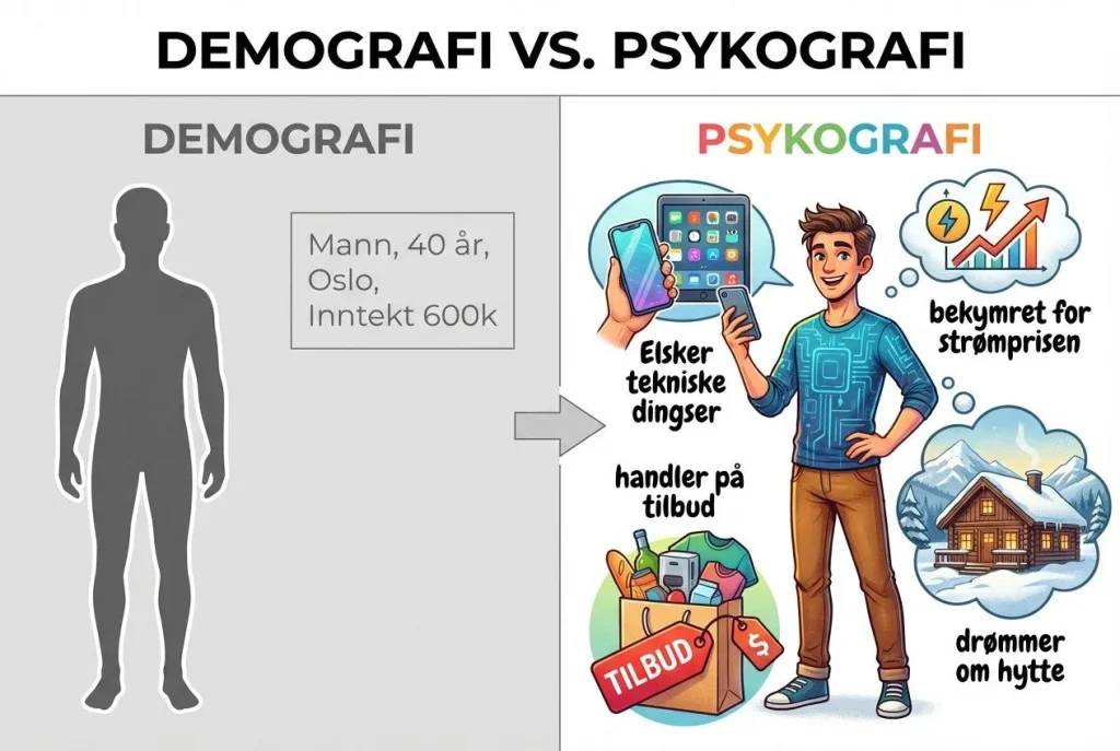 Demografi vs psykogafi, interesser og aktiviteter sammenlignes.