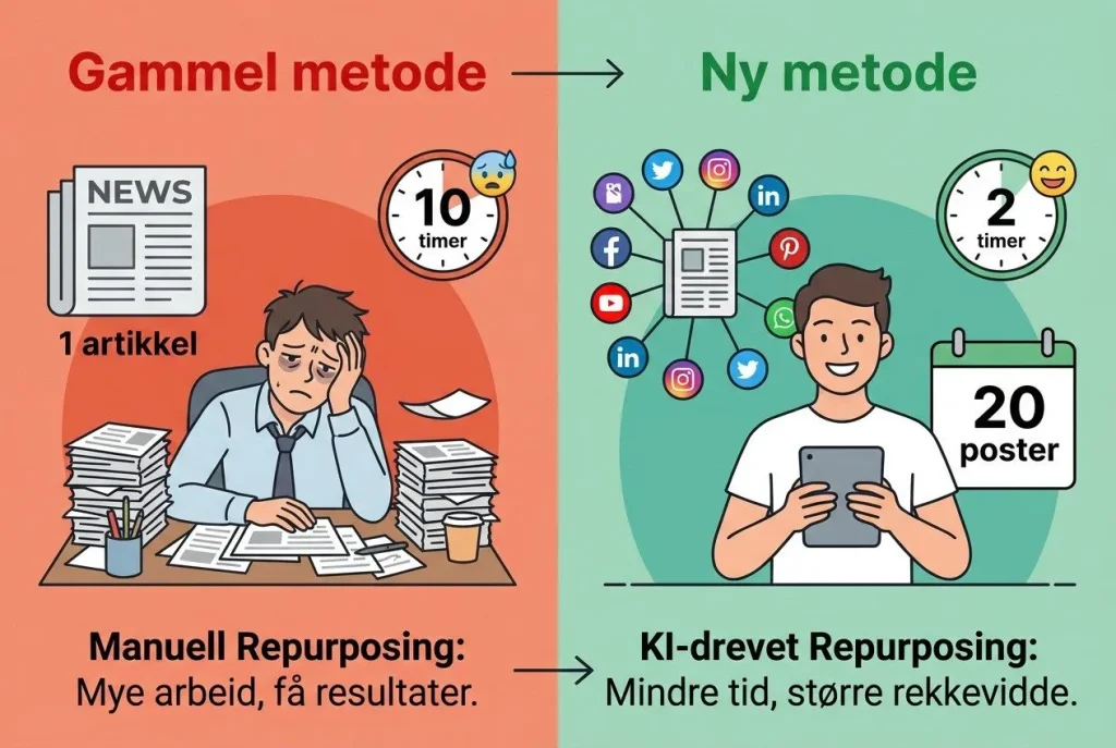 Gammel metode vs. ny KI-drevet repurposing.