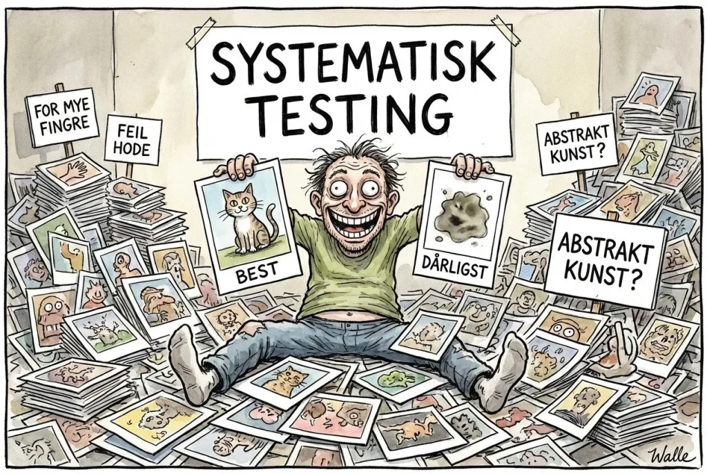 Humoristisk illustrasjon av systematisk kunsttesting med tegninger.