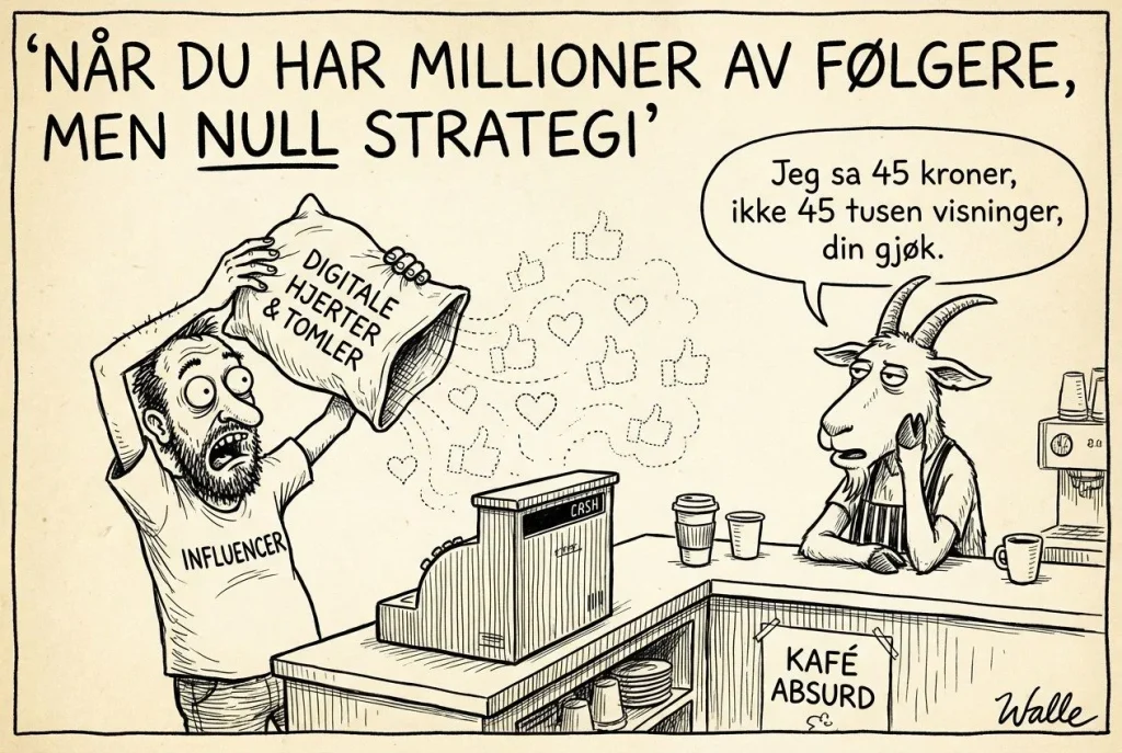 Influencer med likes, geit ved kasse i kafé.