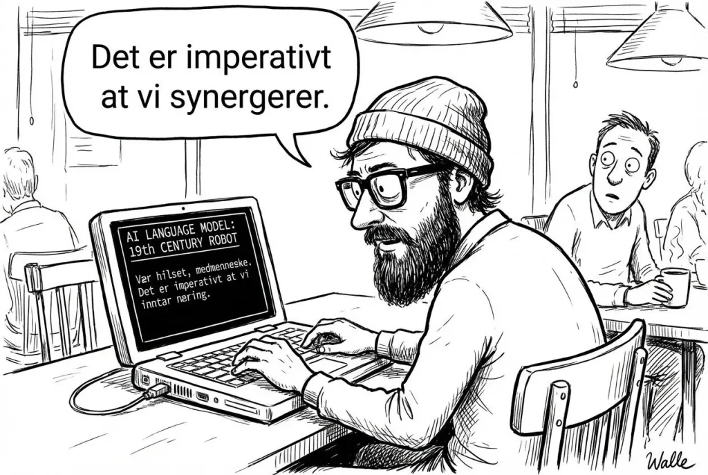 Kaffebar, mann skriver på laptop.