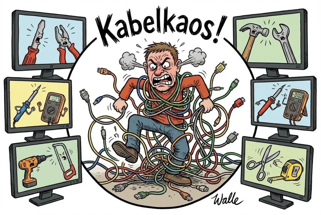 Kaotisk kabelrot omringer frustrert mann.