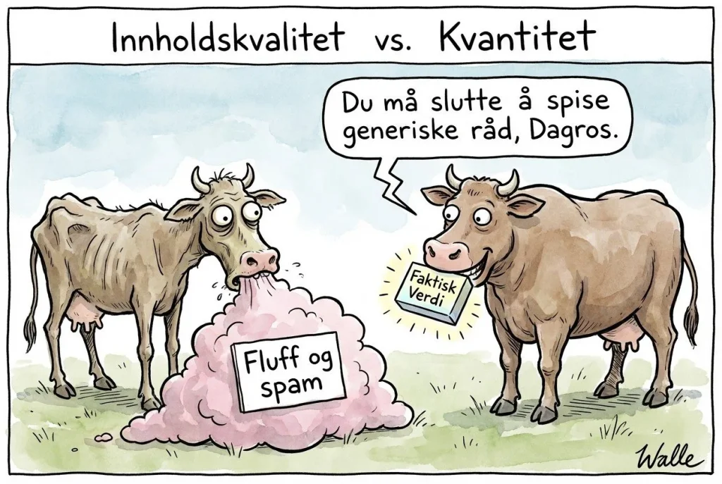 Karikatur om innholdskvalitet vs. kvantitet mellom kuer.