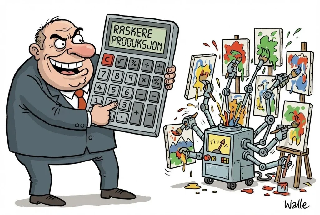Mann med kalkulator, robot maler kunstverk raskere.