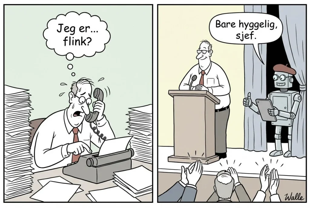 Mann stresset på jobb, robot gir ros på scenen.