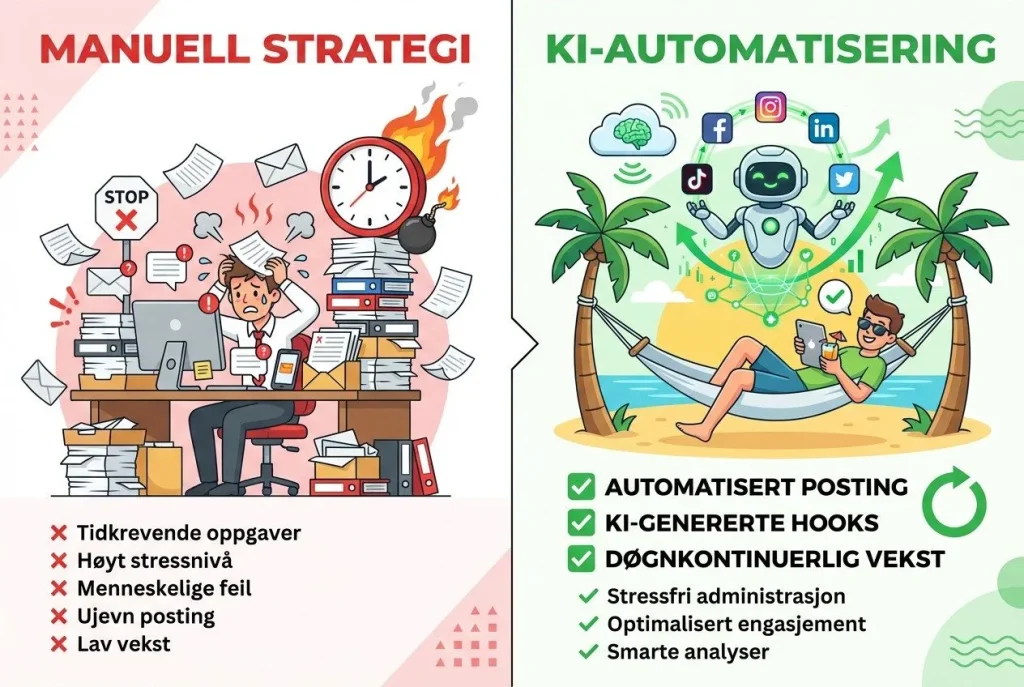 Manuell strategi vs KI-automatisering i arbeidsmiljø.