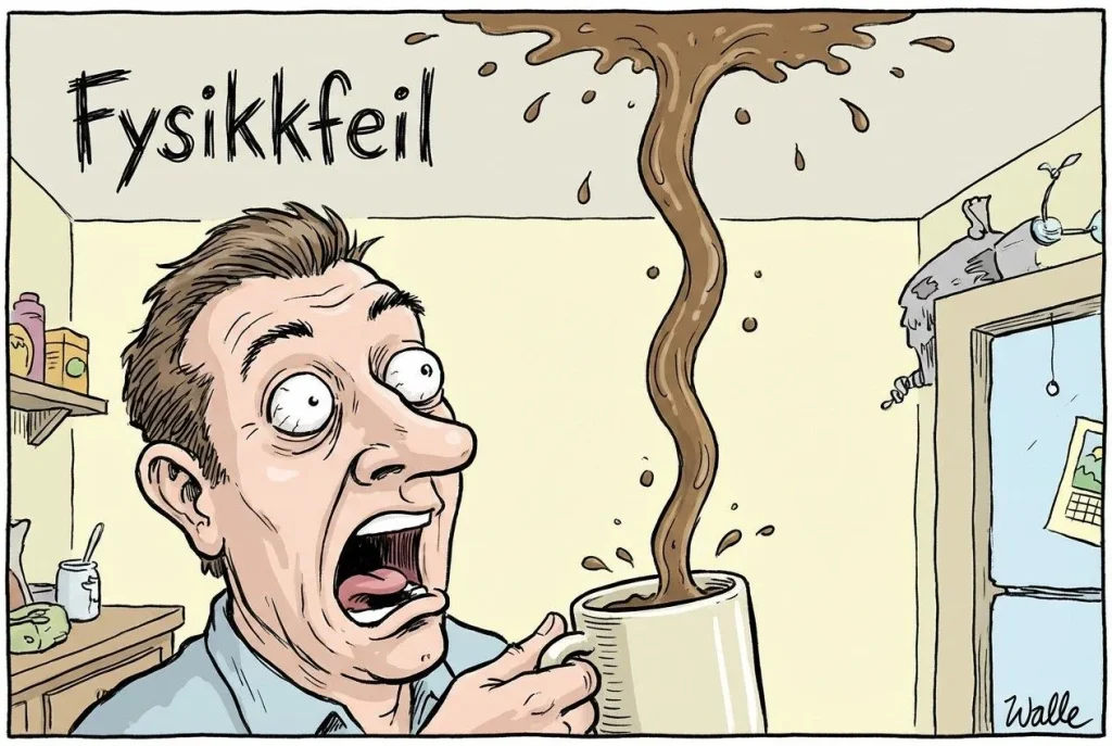 Overrasket mann med oppadstrømmende kaffe.