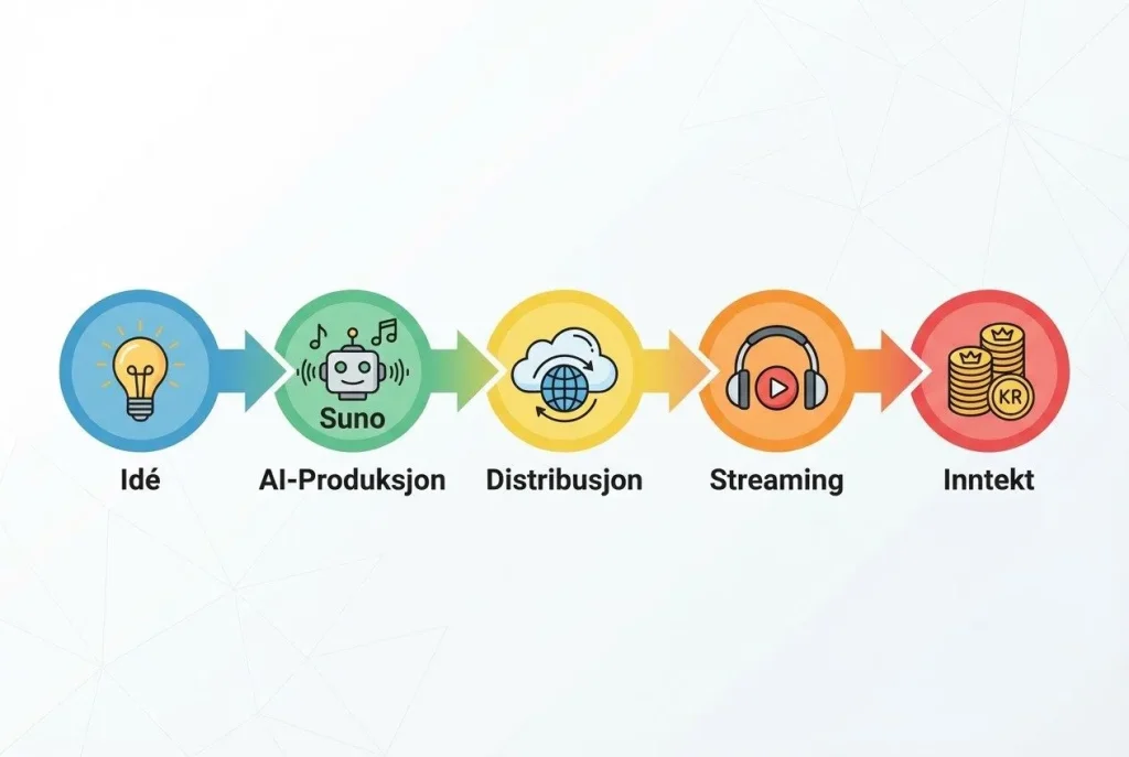Prosess: Idé, AI-produksjon, distribusjon, streaming, inntekt.