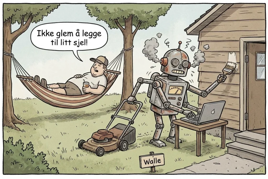 Robot gjør hagearbeid mens mann slapper av.