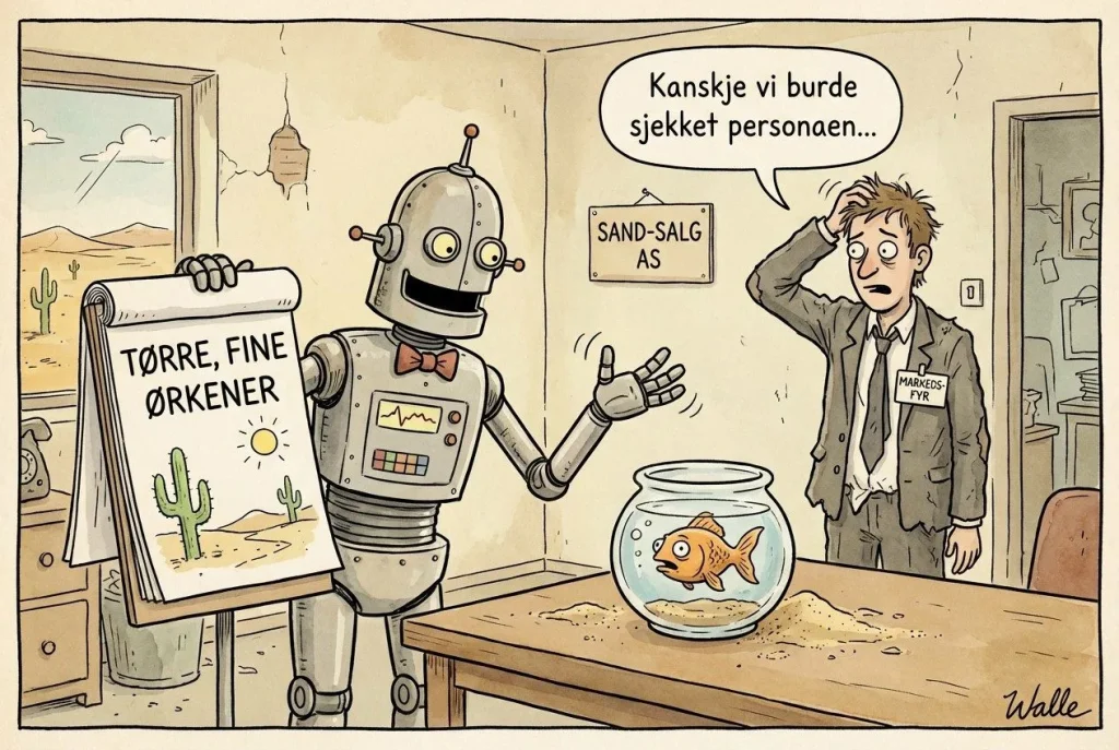 Robot og stresset mann i sandkontor.