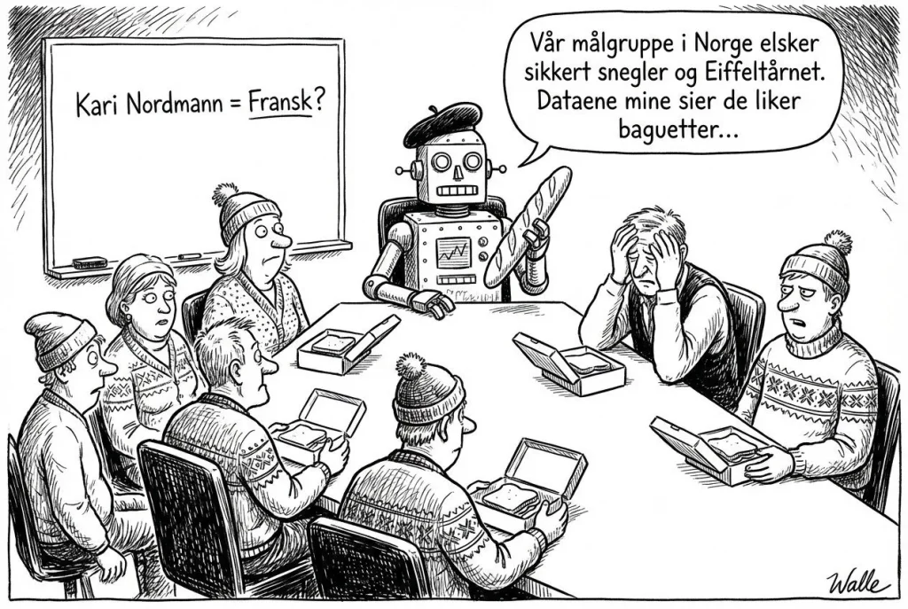 Robot presenterer feil målgruppeanalyse til stresset team.