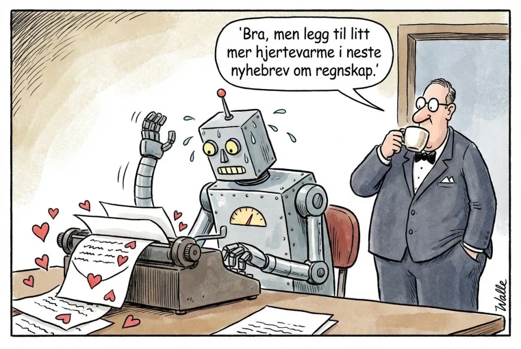 Robot skriver brev med kjærlighetsmotiver.