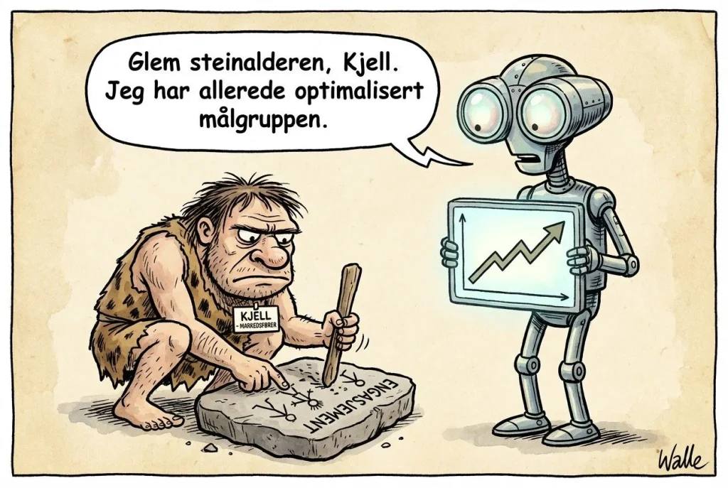 Robot viser data til steinaldermann med inskripsjoner.