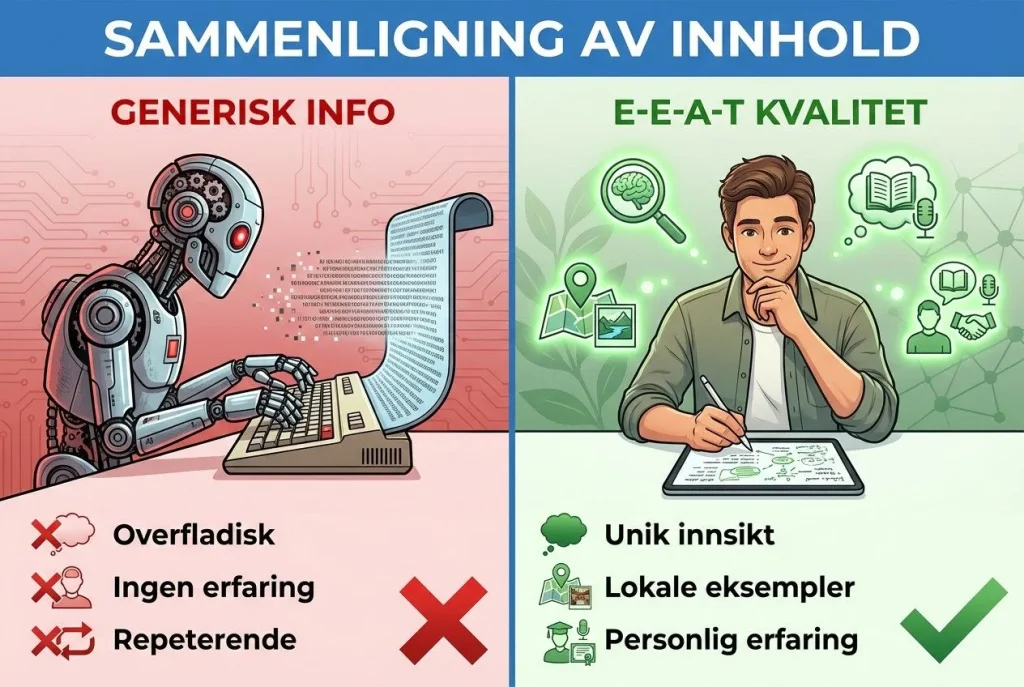 Sammenligning av generisk info og E-E-A-T kvalitet.