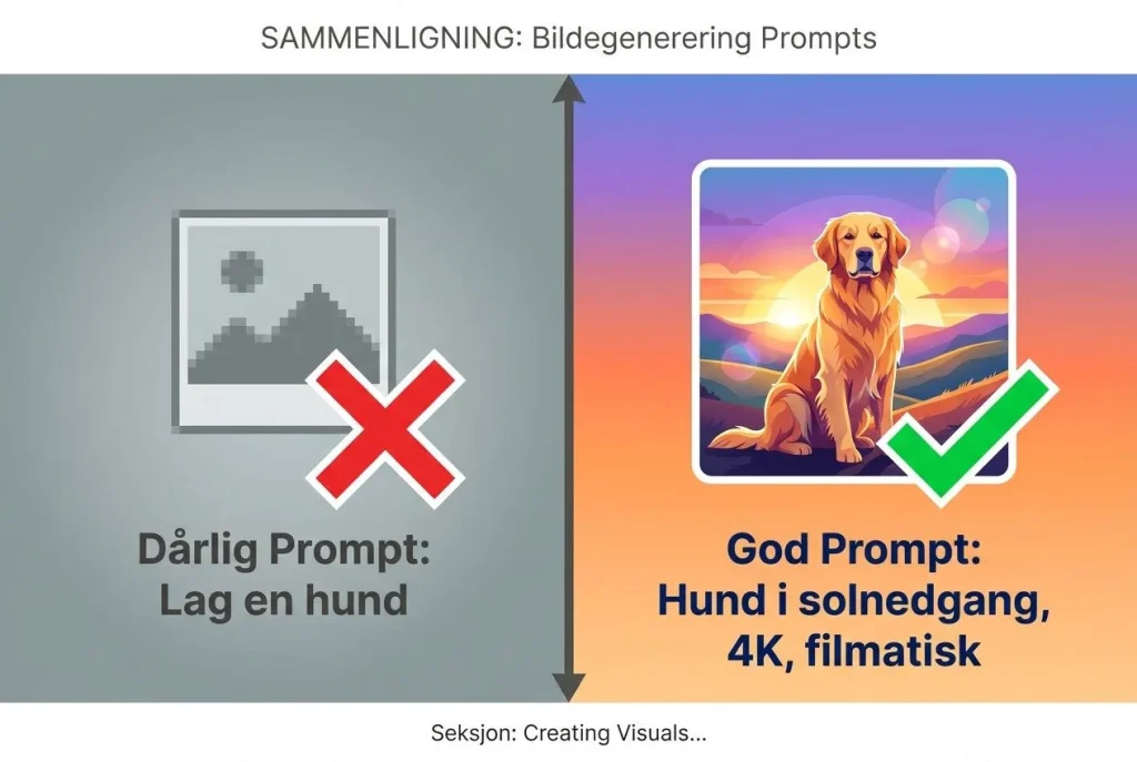 Sammenligning av gode og dårlige bildeprompts.