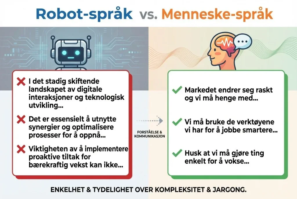 Sammenligning av robot- og menneskespråk i kommunikasjon.