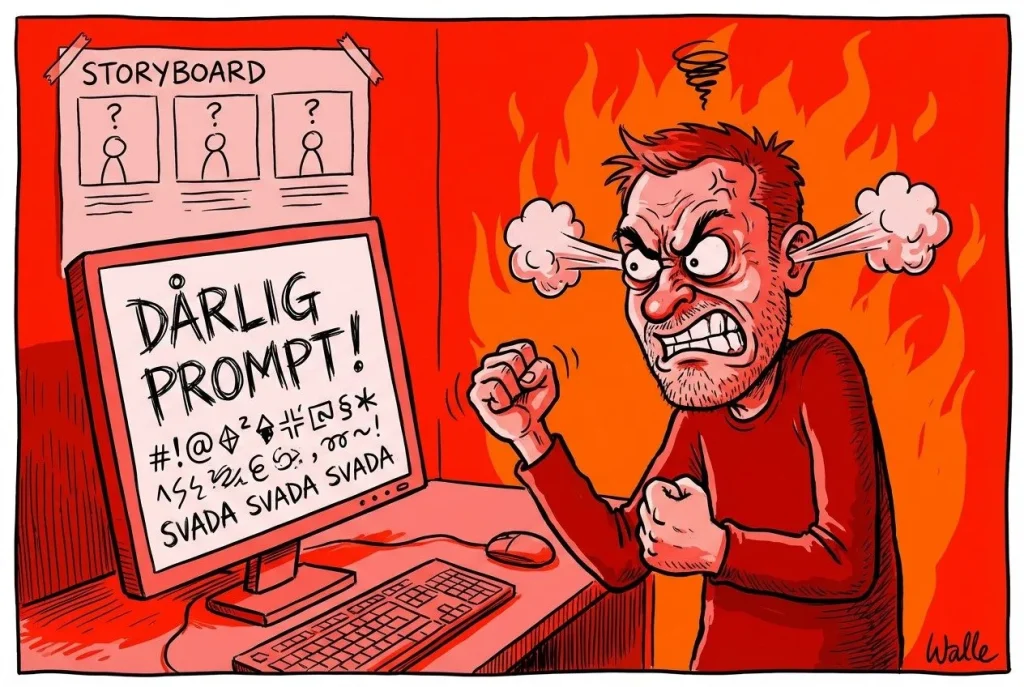 Sint mann frustert over dataskjerm med dårlig prompt.