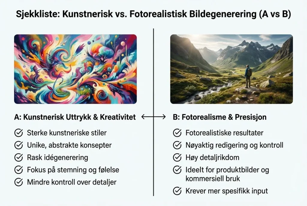 Sjekkliste: Kunstnerisk vs. Fotorealistisk bildegenerering
