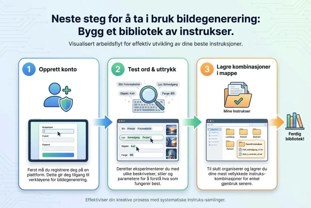 Steg for bildegensering: konto, testing, lagre instruksjoner.