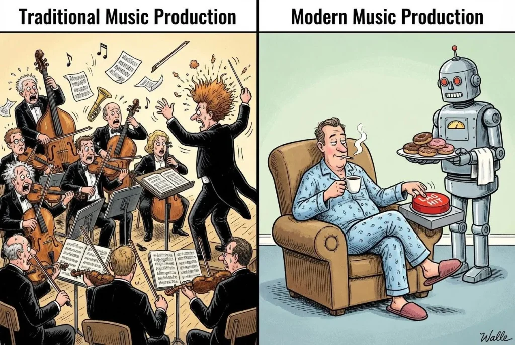Tradisjonell og moderne musikkproduksjon illustrasjon