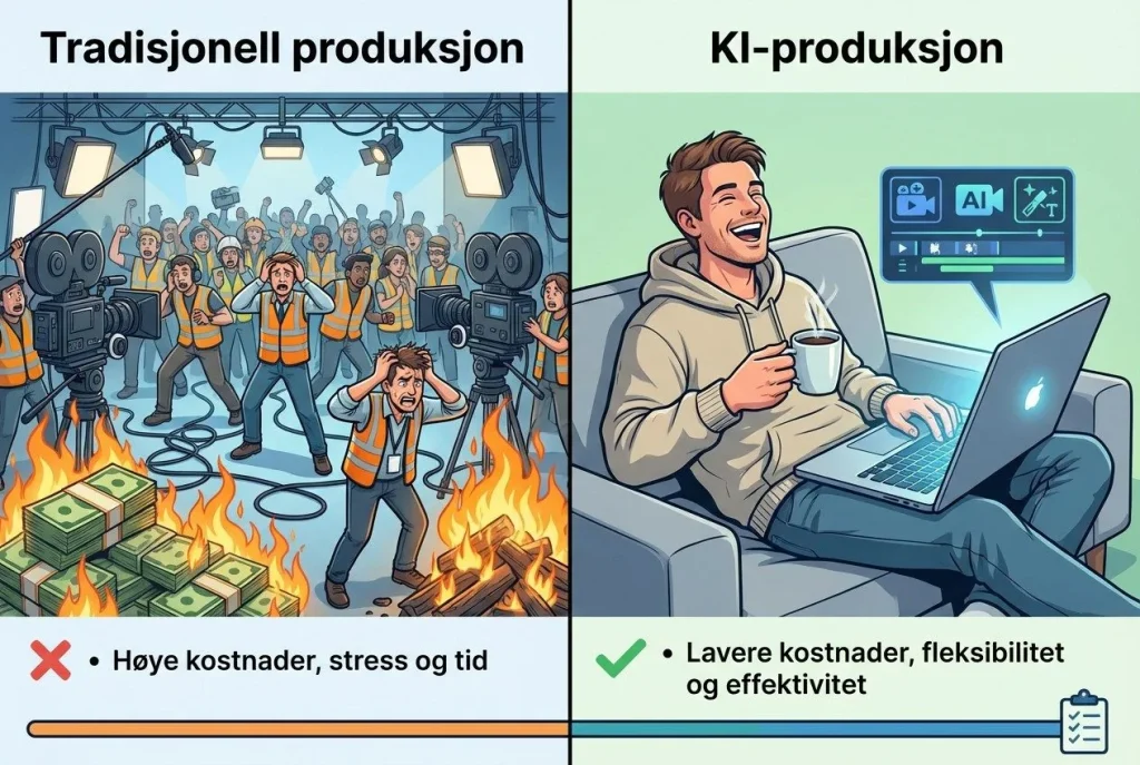 Tradisjonell vs KI-produksjon, kostnad og effektivitet.
