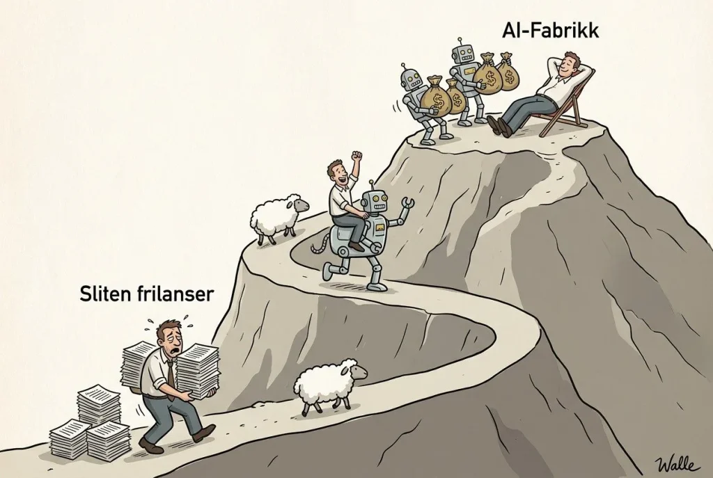 Tegning av frilanser og AI-fabrikk på fjell