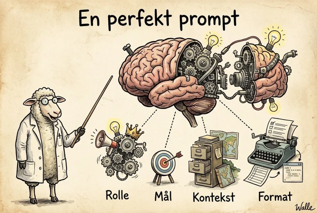 Illustrasjon av perfekt prompt med rolle, mål, kontekst