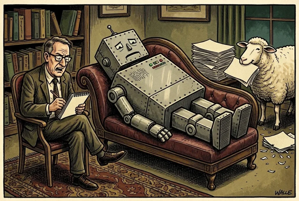 Robot på psykologens sofa, mann noterer