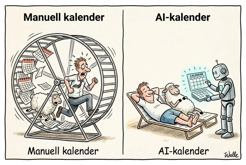 Manuell mot AI-kalender illustrert humoristisk