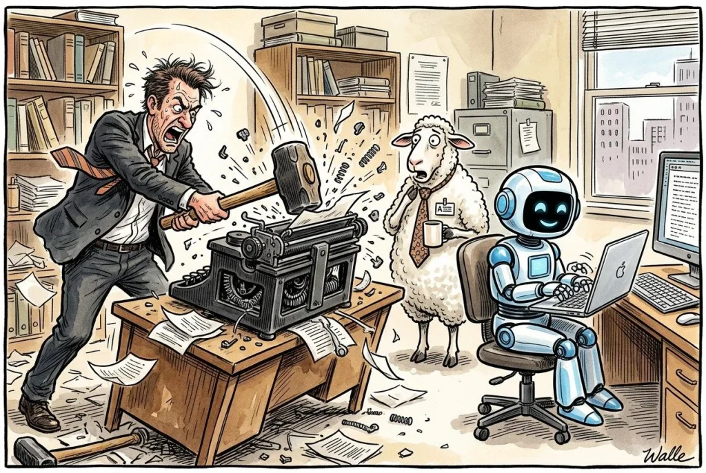 Sint mann knuser skrivemaskin mens robot jobber